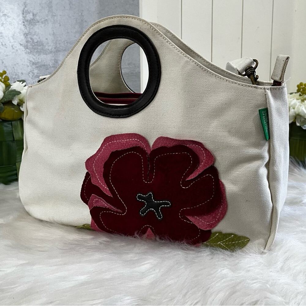 NEW Benetton Classic City Traveler Flower Crossbody Handbag Cotton Suede Leather - Picture 2 of 16